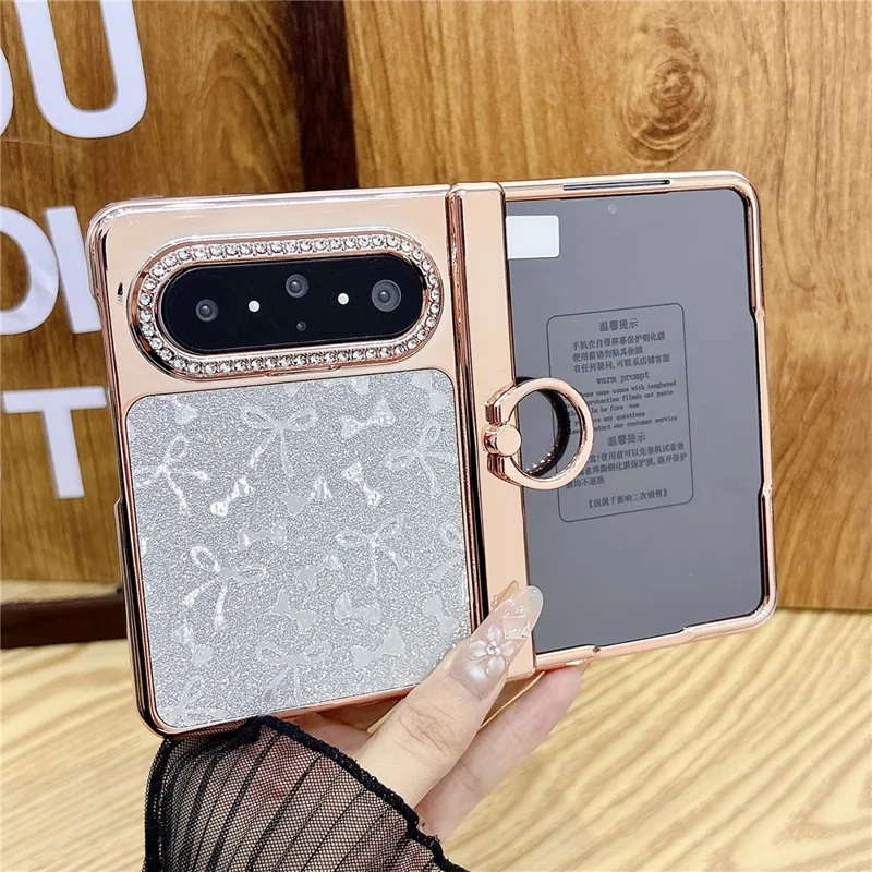 For Huawei Pura X Max Case Ring Kickstand Bow Pattern Glitter PC Phone Cover with Screen Protector - Silver