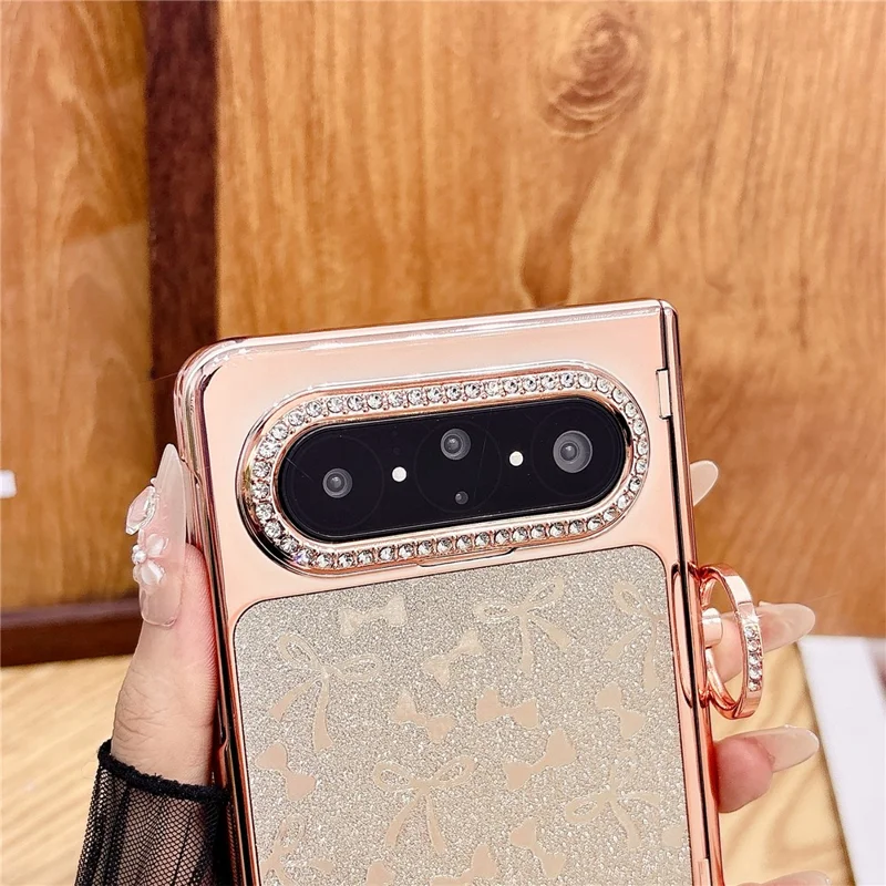 For Huawei Pura X Max Case Ring Kickstand Bow Pattern Glitter PC Phone Cover with Screen Protector - Silver