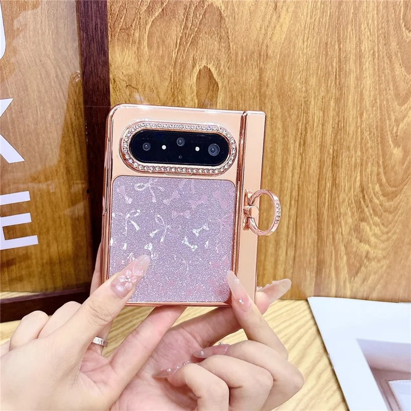 For Huawei Pura X Max Case Ring Kickstand Bow Pattern Glitter PC Phone Cover with Screen Protector - Silver