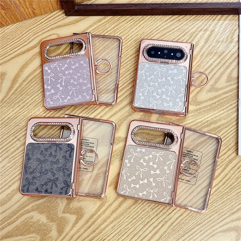 For Huawei Pura X Max Case Ring Kickstand Bow Pattern Glitter PC Phone Cover with Screen Protector - Silver