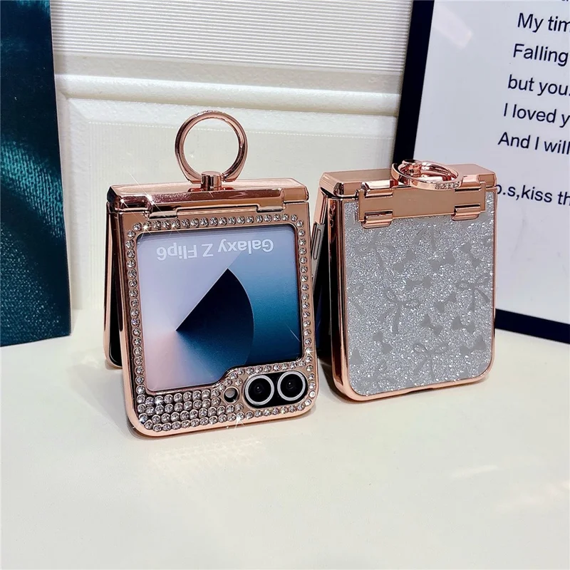 For Samsung Galaxy Z Flip7 FE 5G / Z Flip6 5G Case with Ring Holder Kickstand Bow Design Glitter PC Phone Cover - Silver
