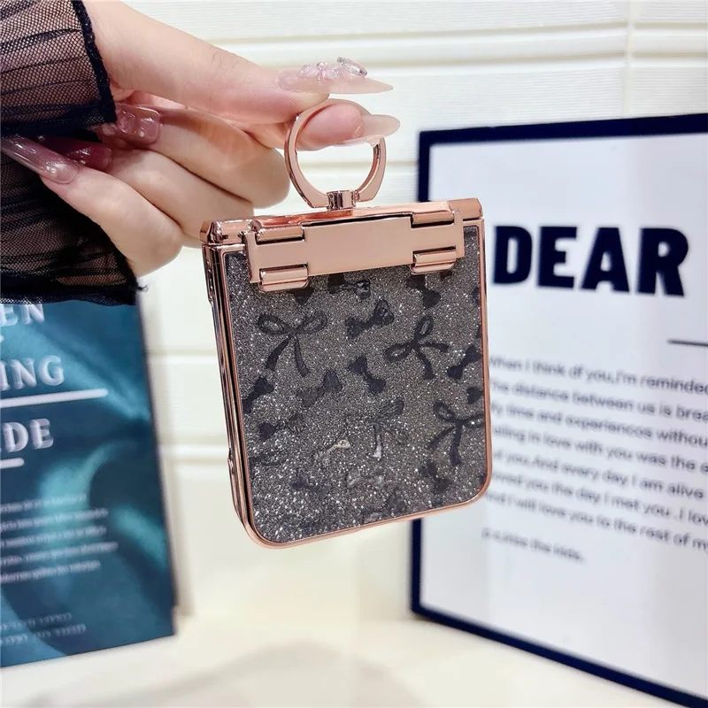 For Samsung Galaxy Z Flip7 FE 5G / Z Flip6 5G Case with Ring Holder Kickstand Bow Design Glitter PC Phone Cover - Silver