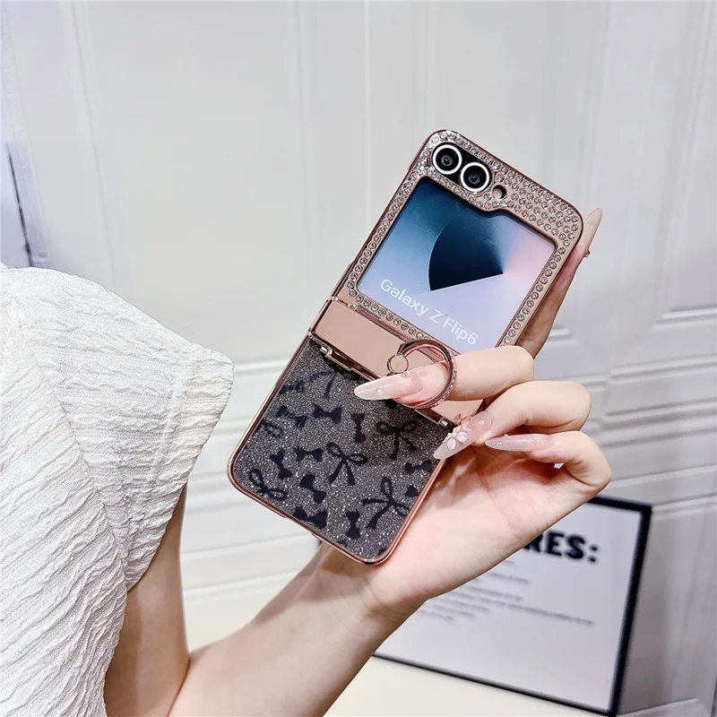 For Samsung Galaxy Z Flip7 FE 5G / Z Flip6 5G Case with Ring Holder Kickstand Bow Design Glitter PC Phone Cover - Silver