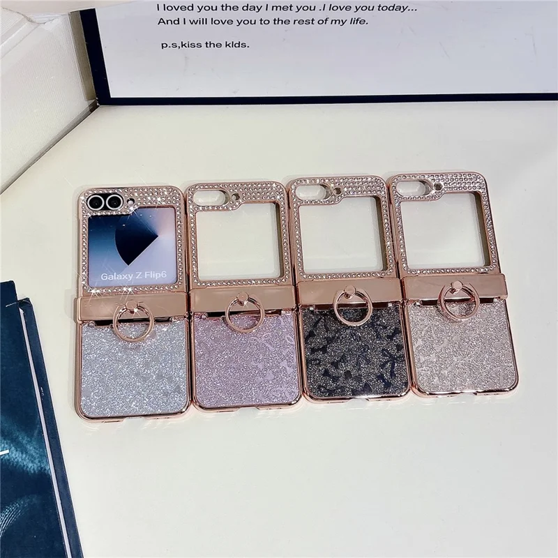 For Samsung Galaxy Z Flip7 FE 5G / Z Flip6 5G Case with Ring Holder Kickstand Bow Design Glitter PC Phone Cover - Silver