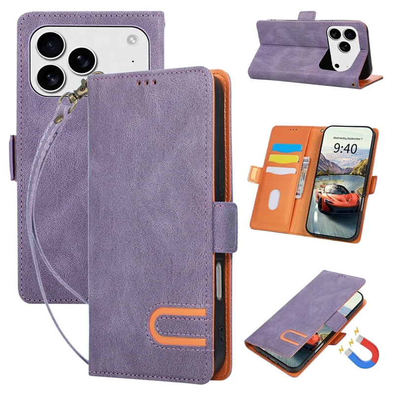 For iPhone 17 Pro  /  18 Pro Case U-Shape Decoration Magnetic Side Clasp Wallet Leather Phone Cover with Wrist Strap - Purple