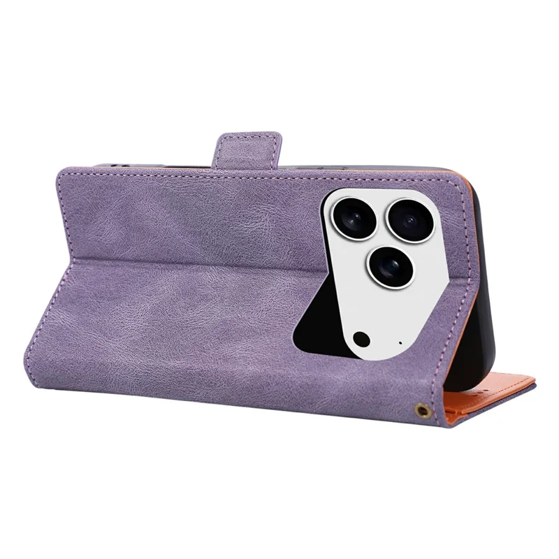 For iPhone 17 Pro  /  18 Pro Case U-Shape Decoration Magnetic Side Clasp Wallet Leather Phone Cover with Wrist Strap - Purple