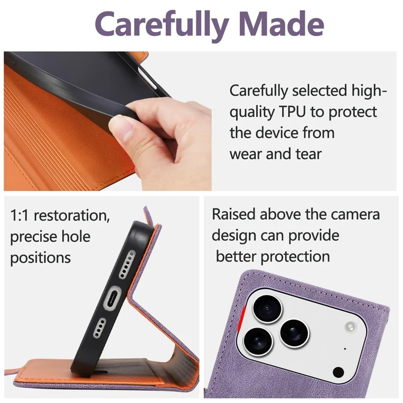 For iPhone 17 Pro  /  18 Pro Case U-Shape Decoration Magnetic Side Clasp Wallet Leather Phone Cover with Wrist Strap - Purple