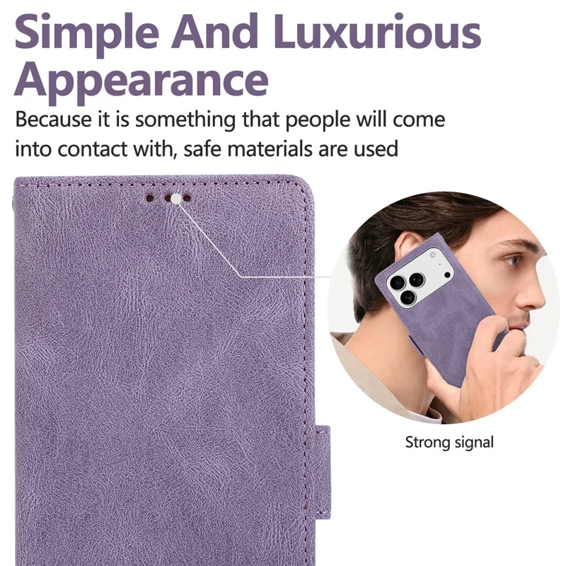 For iPhone 17 Pro Max  /  18 Pro Max Case U-Shape Decoration Magnetic Side Clasp Wallet Leather Phone Cover with Wrist Strap - Purple