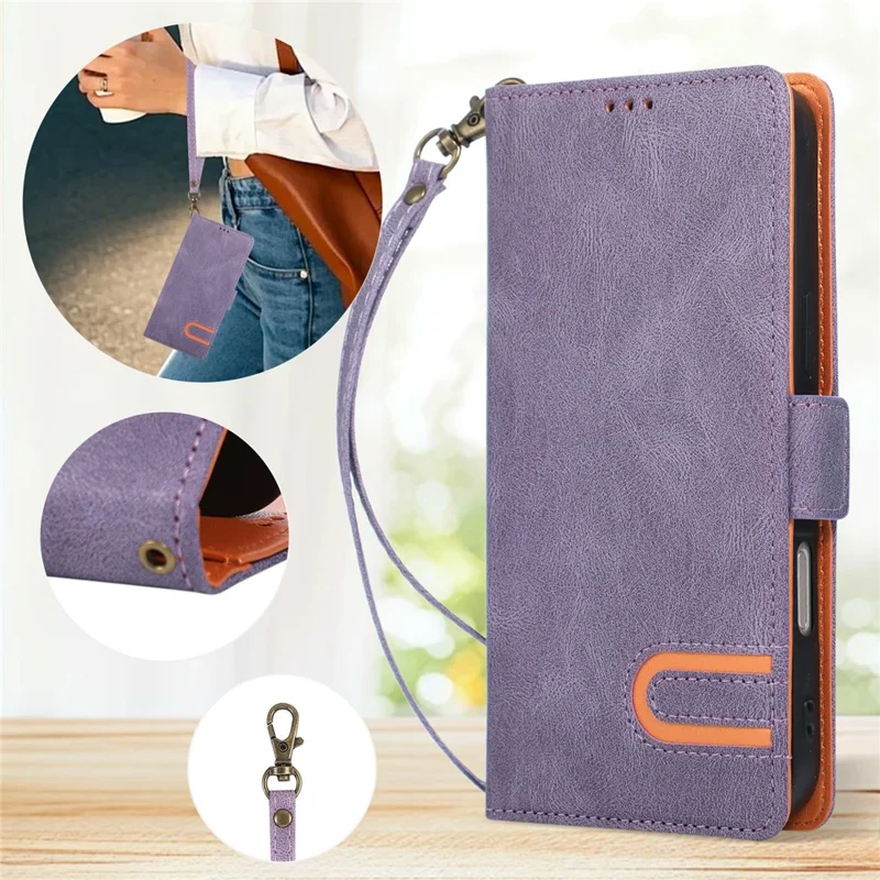 For iPhone 17 Pro Max  /  18 Pro Max Case U-Shape Decoration Magnetic Side Clasp Wallet Leather Phone Cover with Wrist Strap - Purple