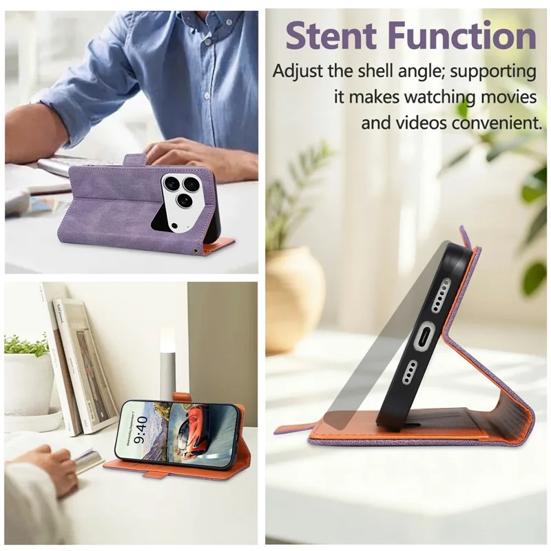 For iPhone 17 Pro Max  /  18 Pro Max Case U-Shape Decoration Magnetic Side Clasp Wallet Leather Phone Cover with Wrist Strap - Purple