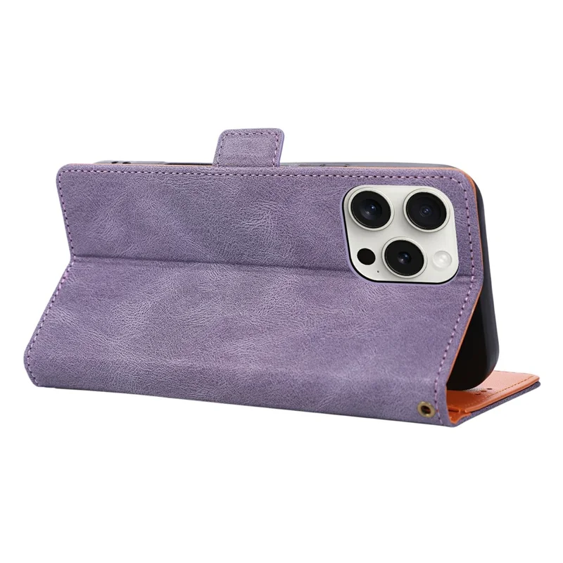 For iPhone 16 Pro Max Case U-Shape Decoration Magnetic Side Clasp Wallet Leather Phone Cover with Wrist Strap - Purple