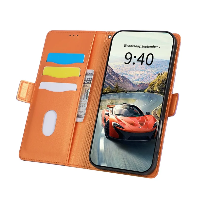 Voor iPhone 16 Pro hoesje U-vorm decoratie Magneetsluiting Zijden portemonnee Lederen telefoonhoesje met polsbandje - Paars