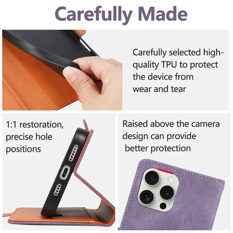 Voor iPhone 16 Pro hoesje U-vorm decoratie Magneetsluiting Zijden portemonnee Lederen telefoonhoesje met polsbandje - Paars