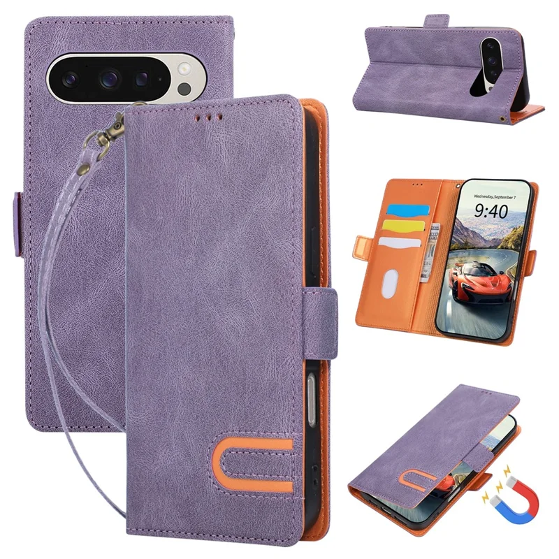 For Google Pixel 10 Pro XL Case U-Shape Decoration Magnetic Side Clasp Wallet Leather Phone Cover with Wrist Strap - Purple
