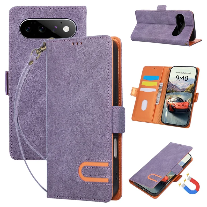 For Google Pixel 11 Pro  /  Pixel 11 Case U-Shape Decoration Magnetic Side Clasp Wallet Leather Phone Cover with Wrist Strap - Purple