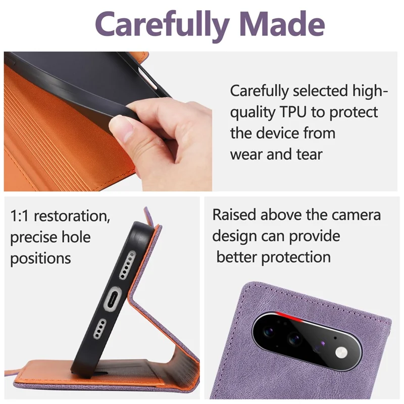 For Google Pixel 11 Pro  /  Pixel 11 Case U-Shape Decoration Magnetic Side Clasp Wallet Leather Phone Cover with Wrist Strap - Purple