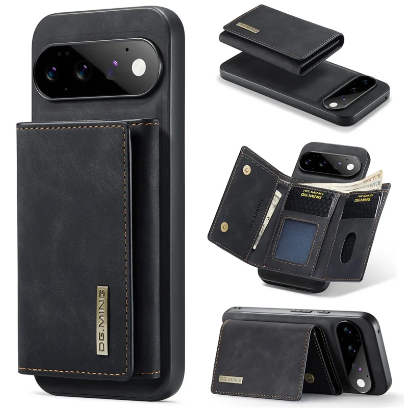 DG.MING M1 Series for Google Pixel 11 / Pixel 11 Pro Phone Case PU + TPU + PC Back Cover with Magnetic Tri-Fold Wallet Kickstand - Black
