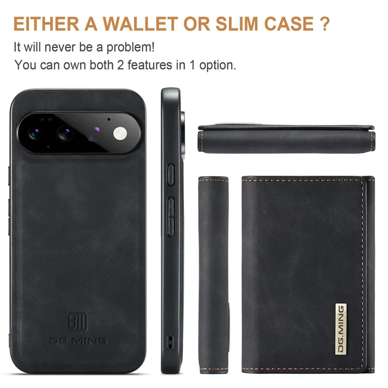 DG.MING M1 Series for Google Pixel 11 / Pixel 11 Pro Phone Case PU + TPU + PC Back Cover with Magnetic Tri-Fold Wallet Kickstand - Black