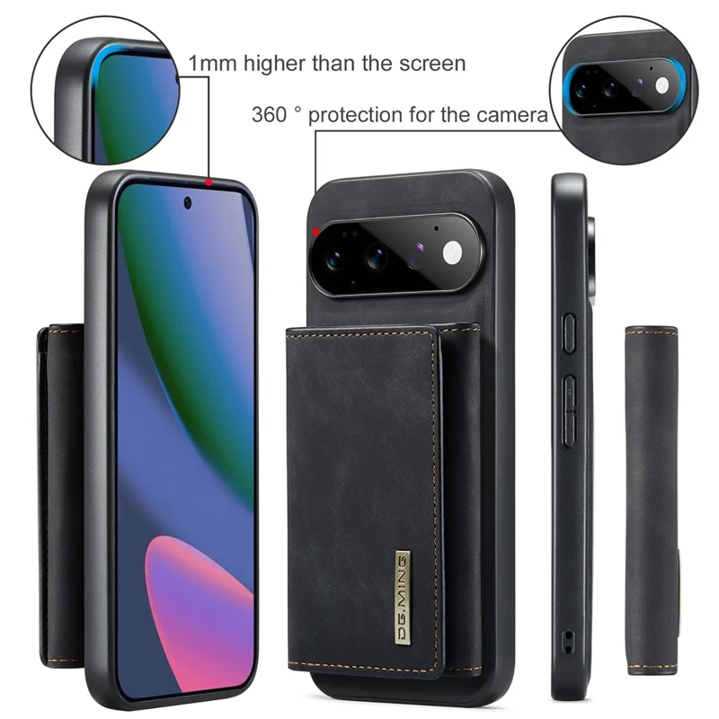 DG.MING M1 Series for Google Pixel 11 / Pixel 11 Pro Phone Case PU + TPU + PC Back Cover with Magnetic Tri-Fold Wallet Kickstand - Black