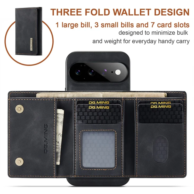 DG.MING M1 Series for Google Pixel 11 Pro XL Phone Case PU + TPU + PC Back Cover with Magnetic Tri-Fold Wallet Kickstand - Black