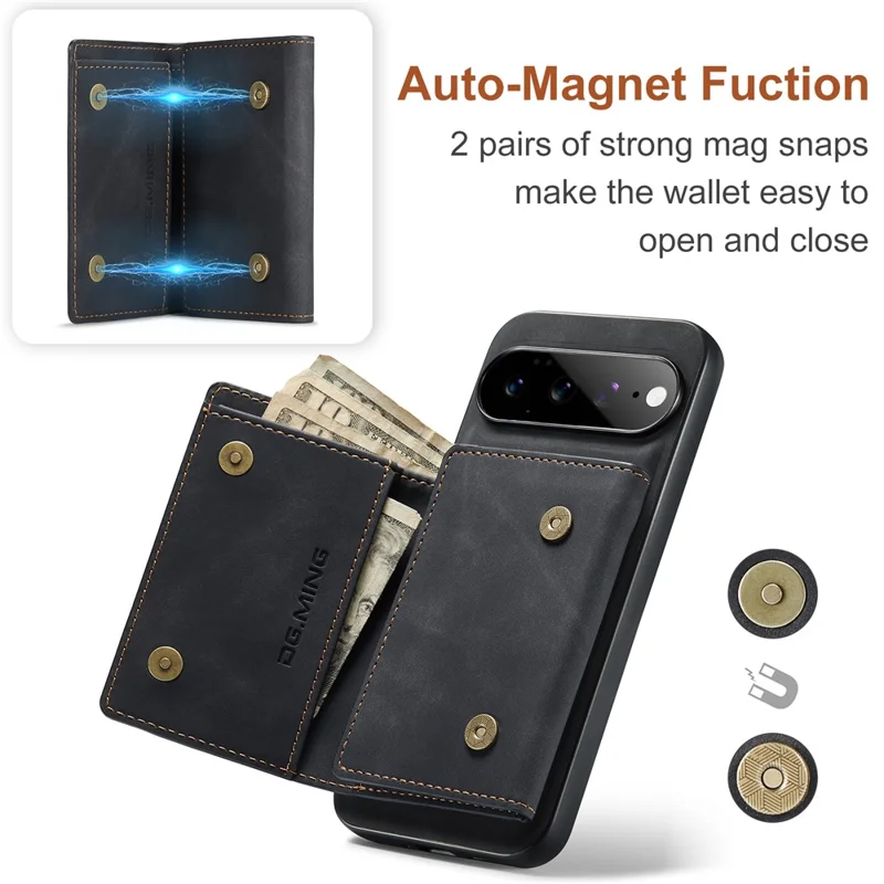DG.MING M1 Series for Google Pixel 11 Pro XL Phone Case PU + TPU + PC Back Cover with Magnetic Tri-Fold Wallet Kickstand - Black