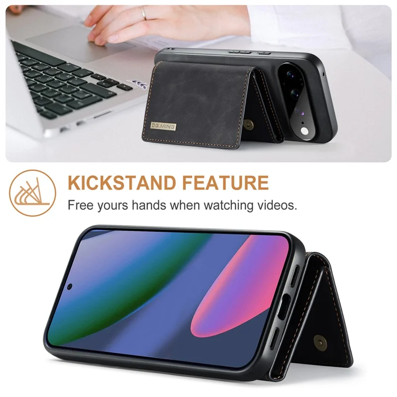 DG.MING M1 Series for Google Pixel 11 Pro XL Phone Case PU + TPU + PC Back Cover with Magnetic Tri-Fold Wallet Kickstand - Black