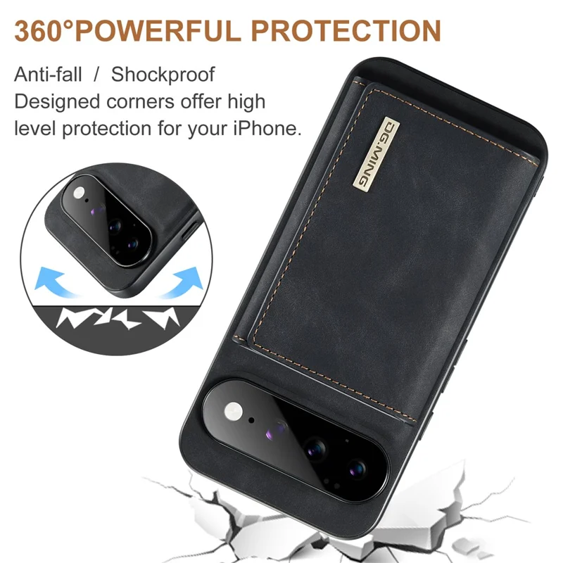 DG.MING M1 Series for Google Pixel 11 Pro XL Phone Case PU + TPU + PC Back Cover with Magnetic Tri-Fold Wallet Kickstand - Black