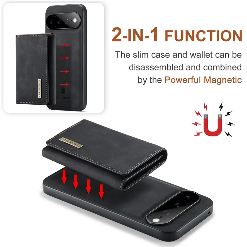DG.MING M1 Series for Google Pixel 11 Pro XL Phone Case PU + TPU + PC Back Cover with Magnetic Tri-Fold Wallet Kickstand - Black