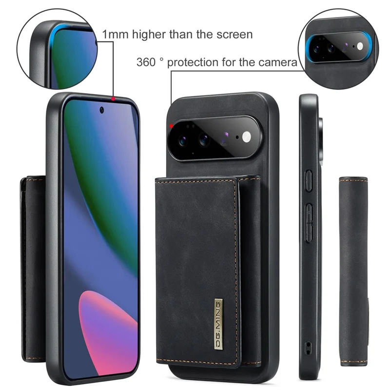 DG.MING M1 Series for Google Pixel 11 Pro XL Phone Case PU + TPU + PC Back Cover with Magnetic Tri-Fold Wallet Kickstand - Black