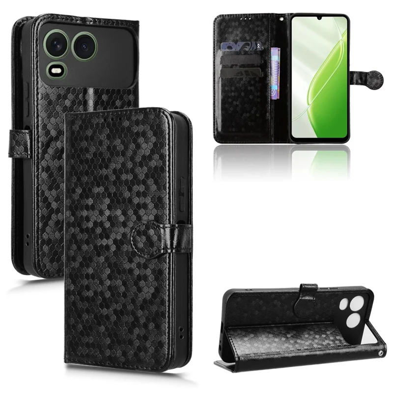 For itel A200  /  A200+ Wallet Case Dot Pattern Imprint PU Leather Phone Cover with Wrist Strap - Black