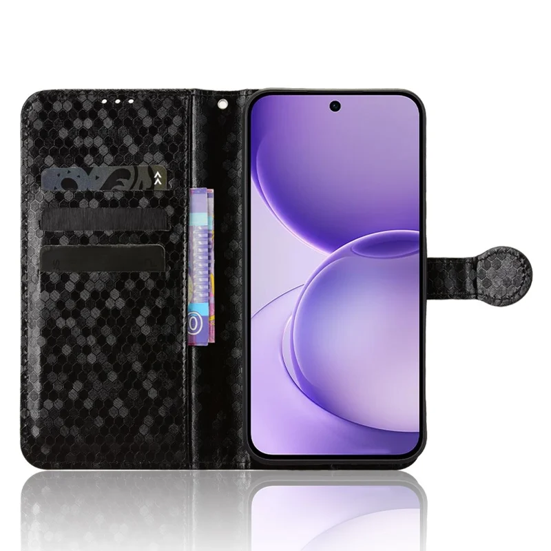 For Oppo Reno16 F 5G  /  Reno16 FS 5G Wallet Case Dot Pattern Imprint PU Leather Phone Cover with Wrist Strap - Black