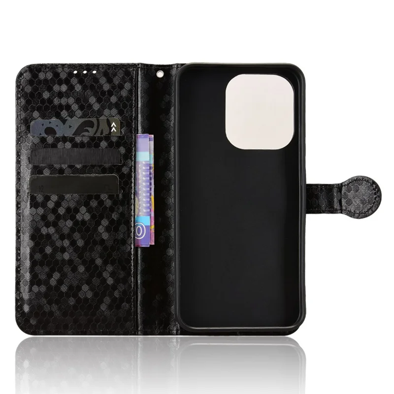 For Oppo Reno16 F 5G  /  Reno16 FS 5G Wallet Case Dot Pattern Imprint PU Leather Phone Cover with Wrist Strap - Black