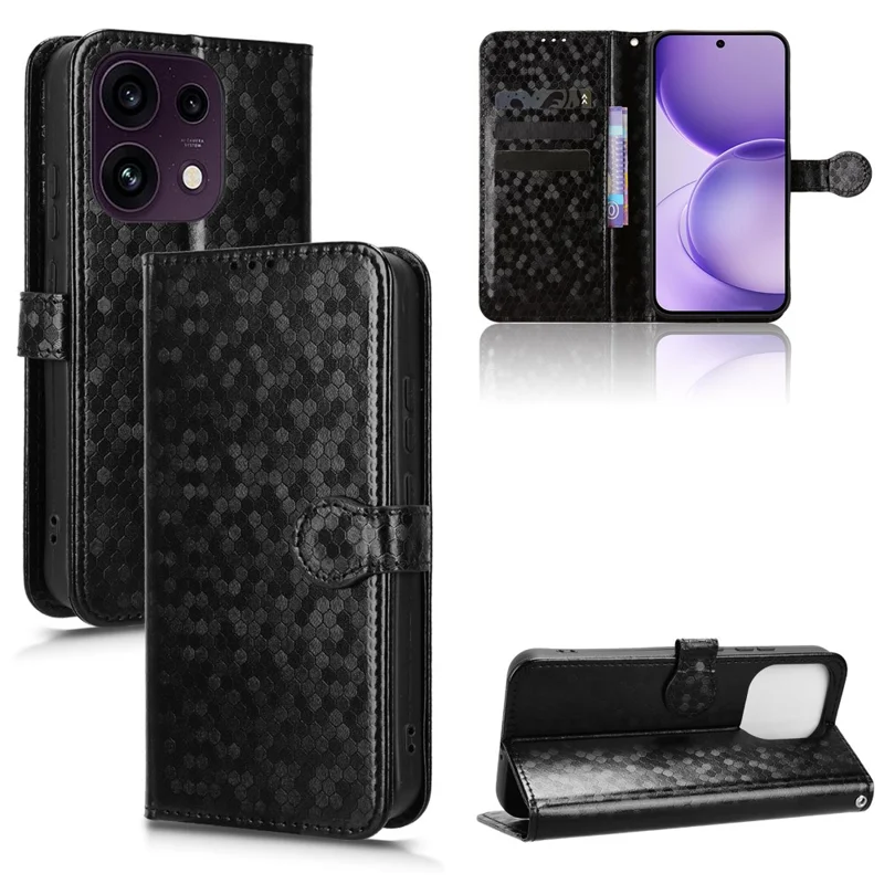 For Oppo Reno16 F 5G  /  Reno16 FS 5G Wallet Case Dot Pattern Imprint PU Leather Phone Cover with Wrist Strap - Black