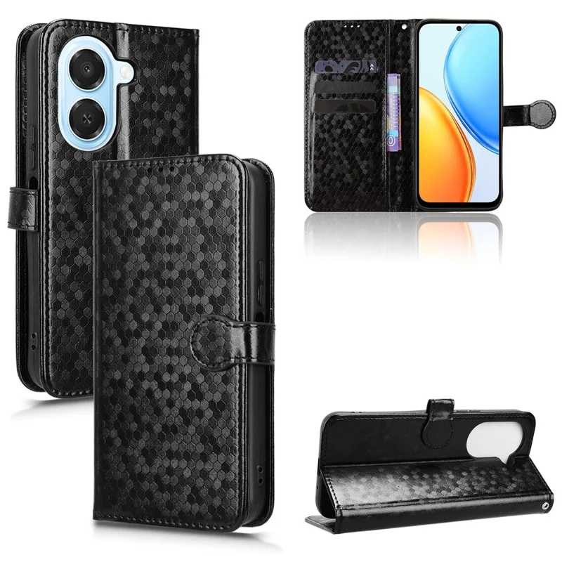 For Honor X7e 4G Wallet Case Dot Pattern Imprint PU Leather Phone Cover with Wrist Strap - Black