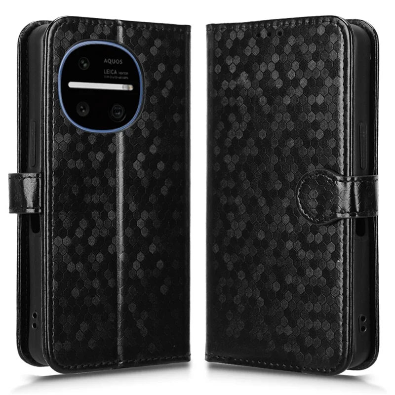 For Sharp Aquos R11 Wallet Case Dot Pattern Imprint PU Leather Phone Cover with Wrist Strap - Black
