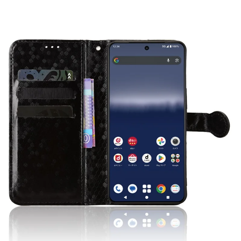 For Sharp Aquos R11 Wallet Case Dot Pattern Imprint PU Leather Phone Cover with Wrist Strap - Black