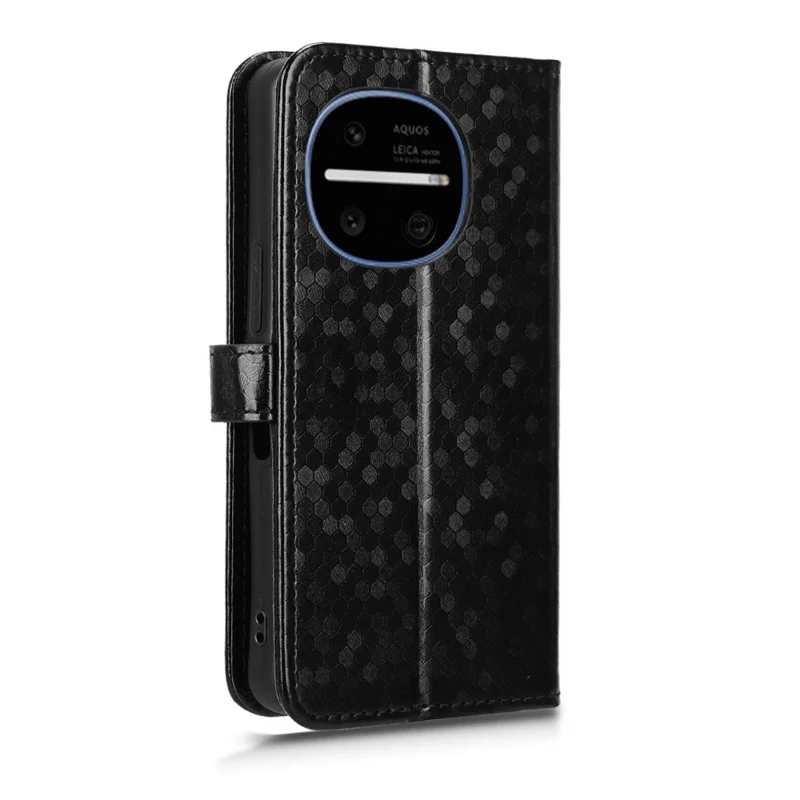 For Sharp Aquos R11 Wallet Case Dot Pattern Imprint PU Leather Phone Cover with Wrist Strap - Black