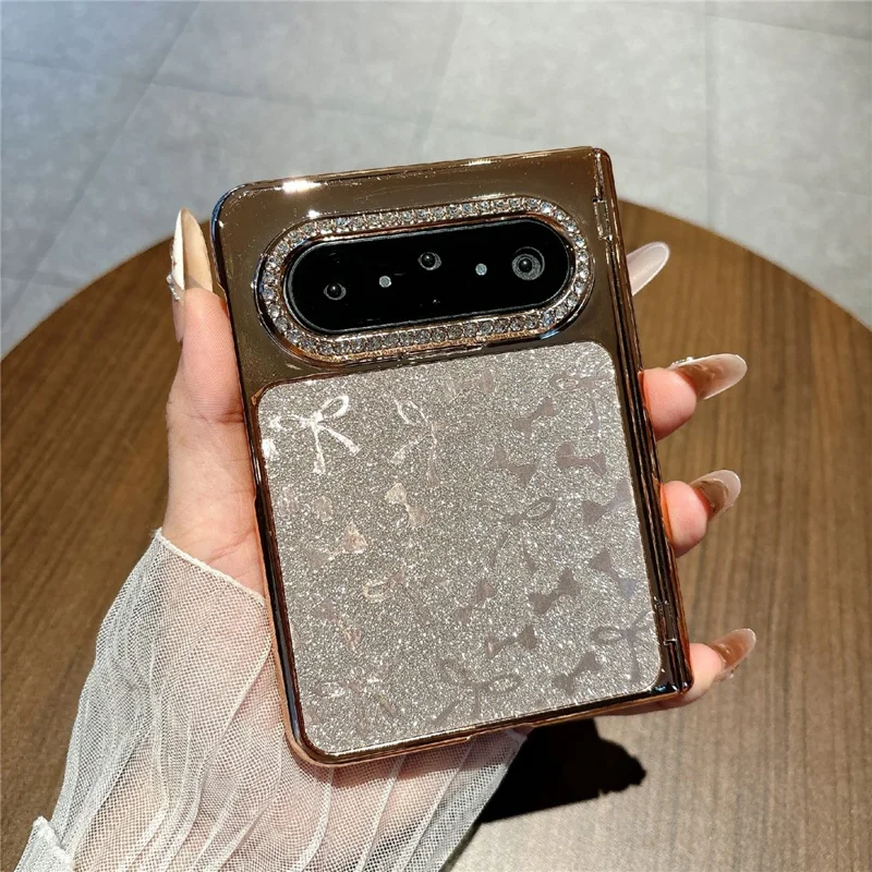For Huawei Pura X Max Case with Screen Protector Bow Pattern Glitter PC Shockproof Protective Cover - Gold