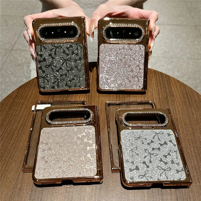 For Huawei Pura X Max Case with Screen Protector Bow Pattern Glitter PC Shockproof Protective Cover - Gold