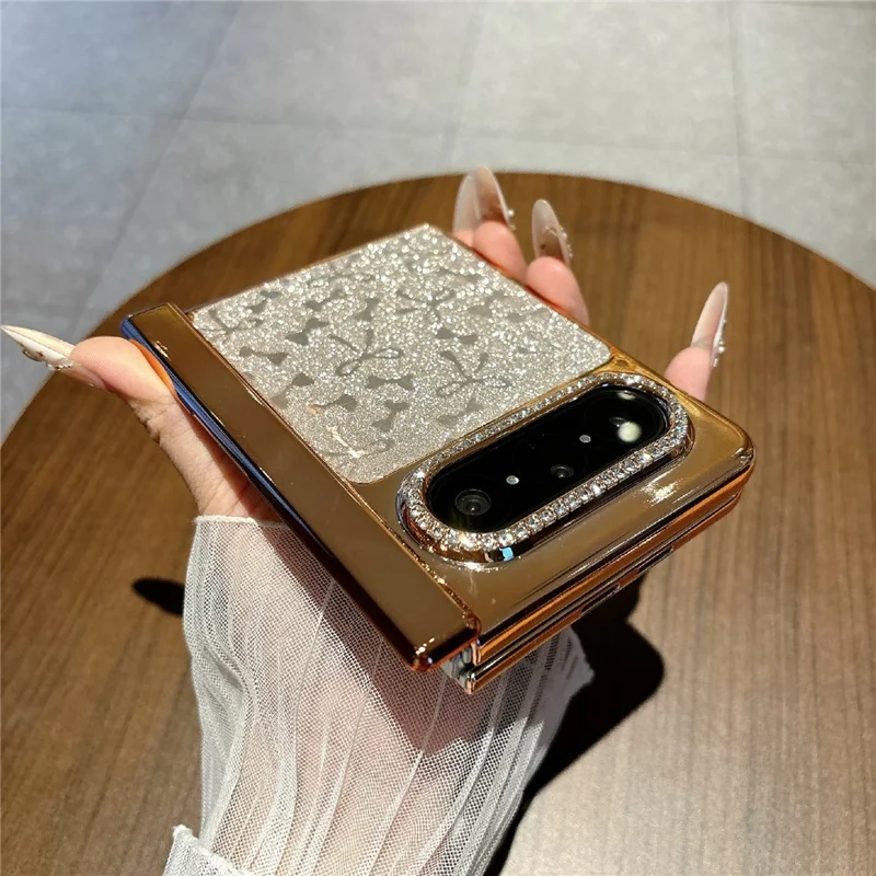 For Huawei Pura X Max Case with Screen Protector Bow Pattern Glitter PC Shockproof Protective Cover - Gold