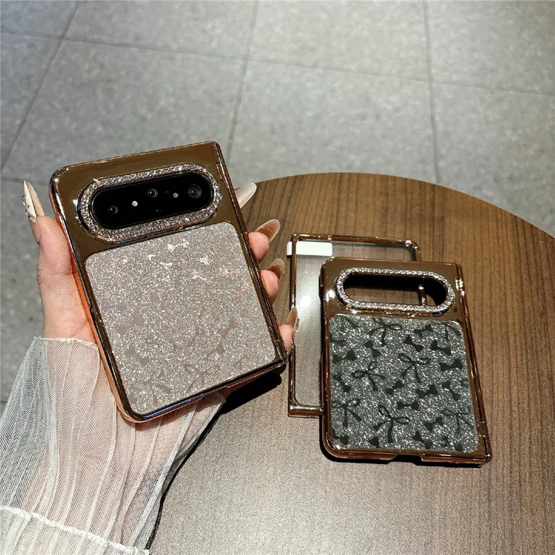 For Huawei Pura X Max Case with Screen Protector Bow Pattern Glitter PC Shockproof Protective Cover - Gold