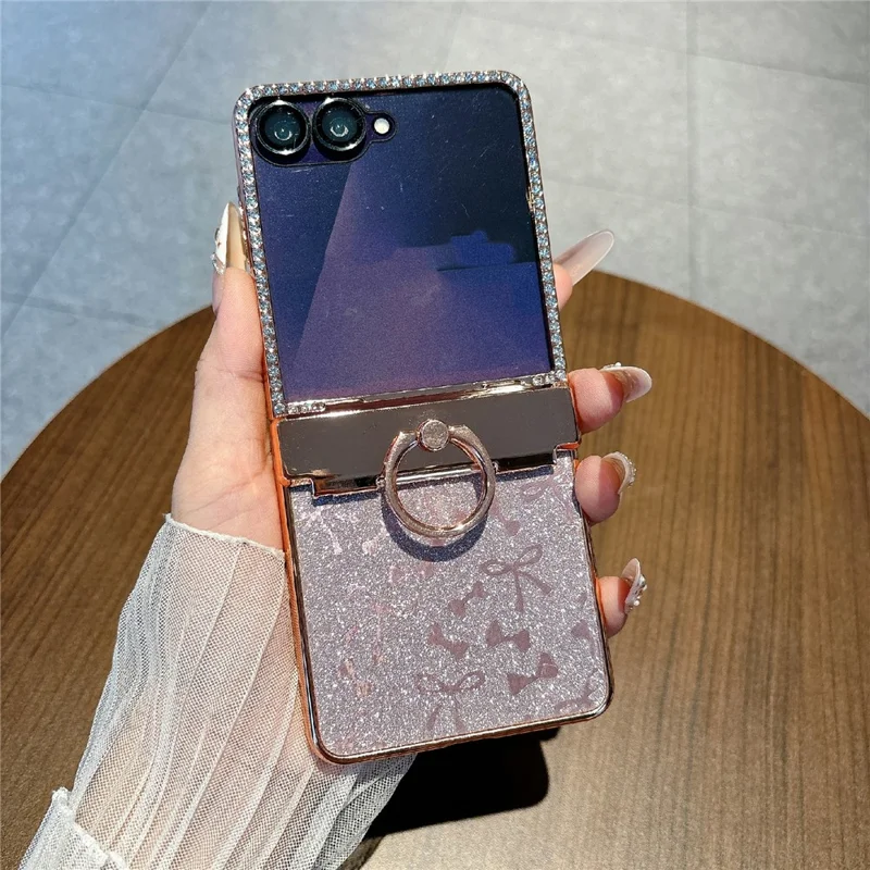 For Samsung Galaxy Z Flip7 5G Case with Ring Holder Kickstand Bow Design Glitter PC Phone Cover - Pink