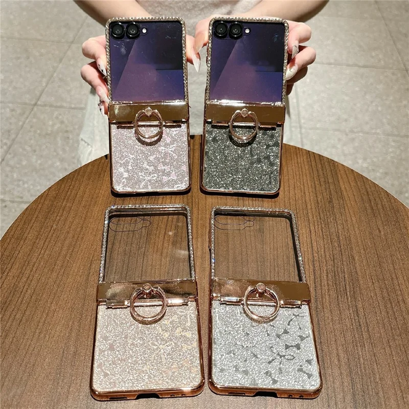 For Samsung Galaxy Z Flip7 5G Case with Ring Holder Kickstand Bow Design Glitter PC Phone Cover - Pink