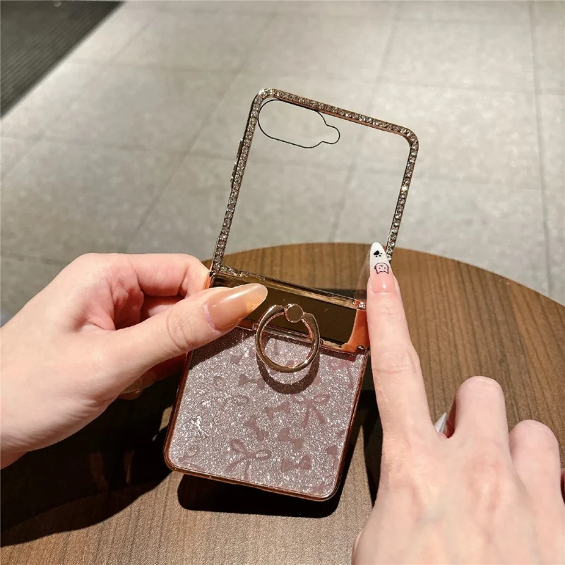 For Samsung Galaxy Z Flip7 5G Case with Ring Holder Kickstand Bow Design Glitter PC Phone Cover - Pink