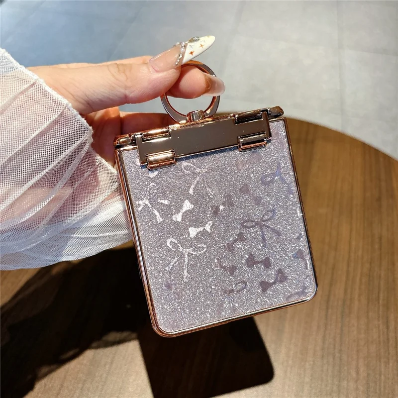 For Samsung Galaxy Z Flip7 5G Case with Ring Holder Kickstand Bow Design Glitter PC Phone Cover - Pink