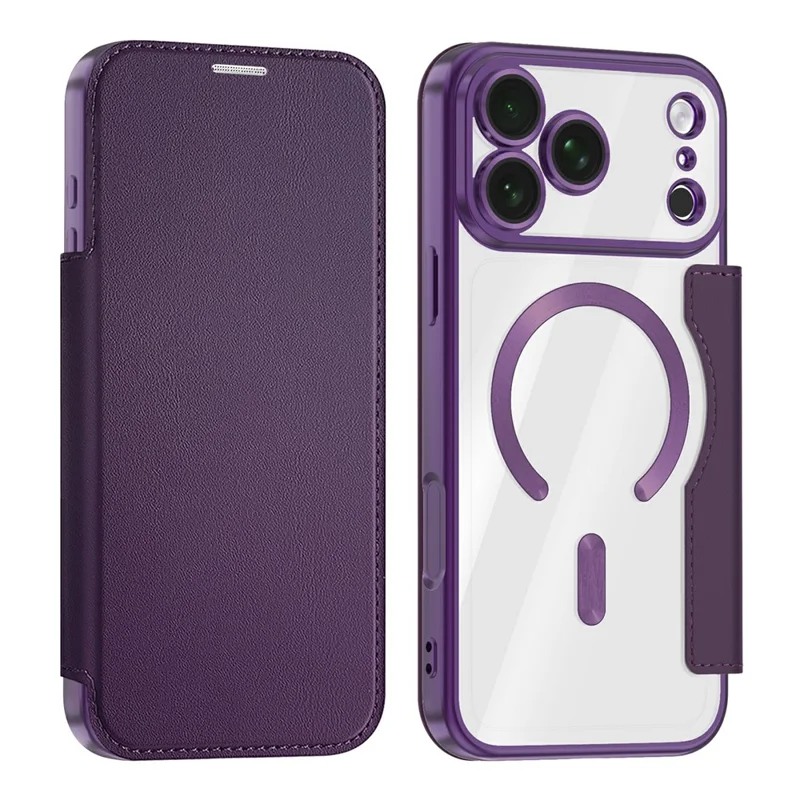 For iPhone 18 Pro Magnetic Case RFID Blocking Card Holder Leather Phone Cover with Lens Film - Dark Purple