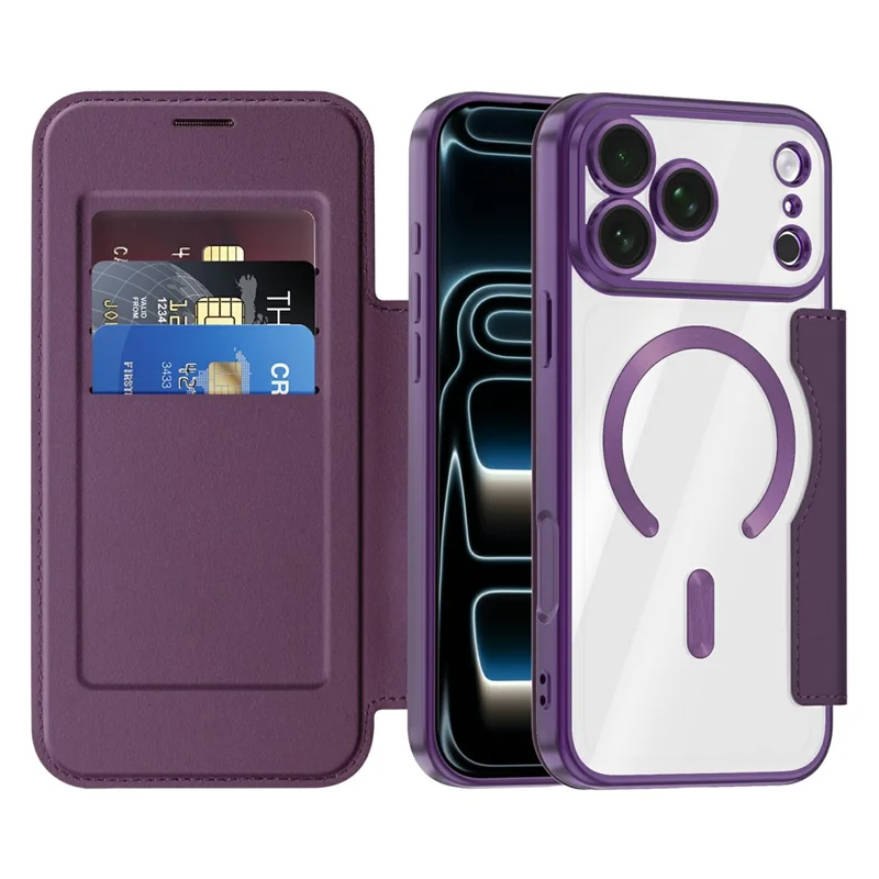For iPhone 18 Pro Magnetic Case RFID Blocking Card Holder Leather Phone Cover with Lens Film - Dark Purple