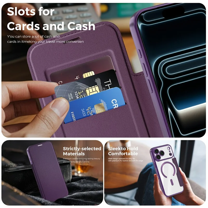 For iPhone 18 Pro Magnetic Case RFID Blocking Card Holder Leather Phone Cover with Lens Film - Dark Purple