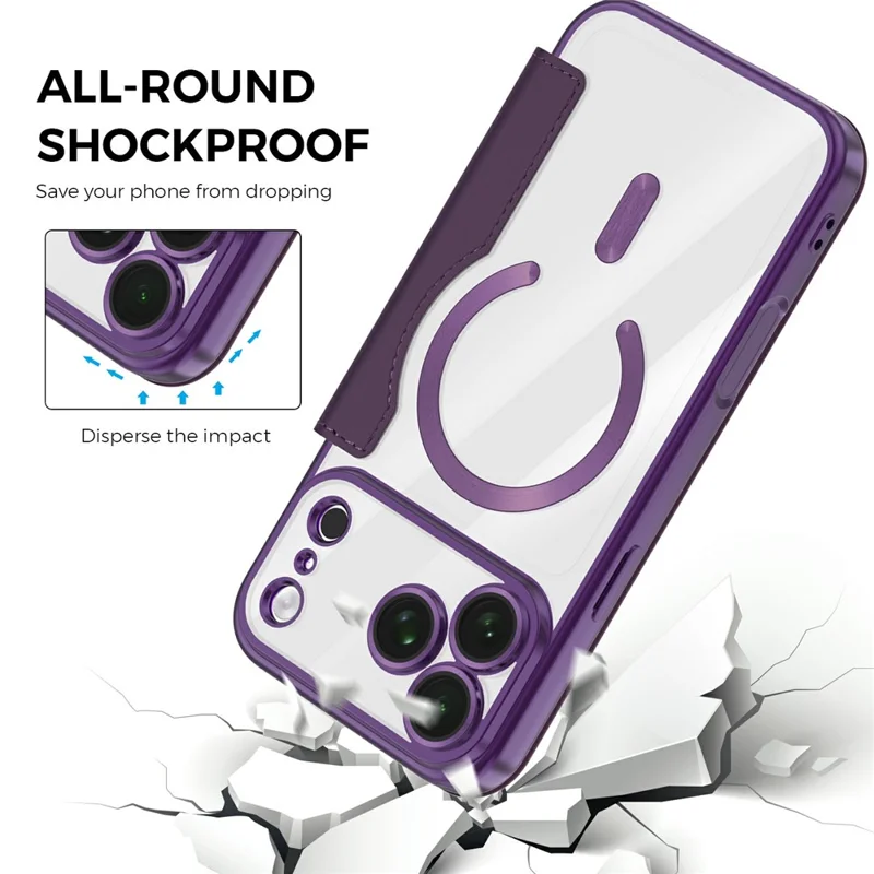 For iPhone 18 Pro Magnetic Case RFID Blocking Card Holder Leather Phone Cover with Lens Film - Dark Purple