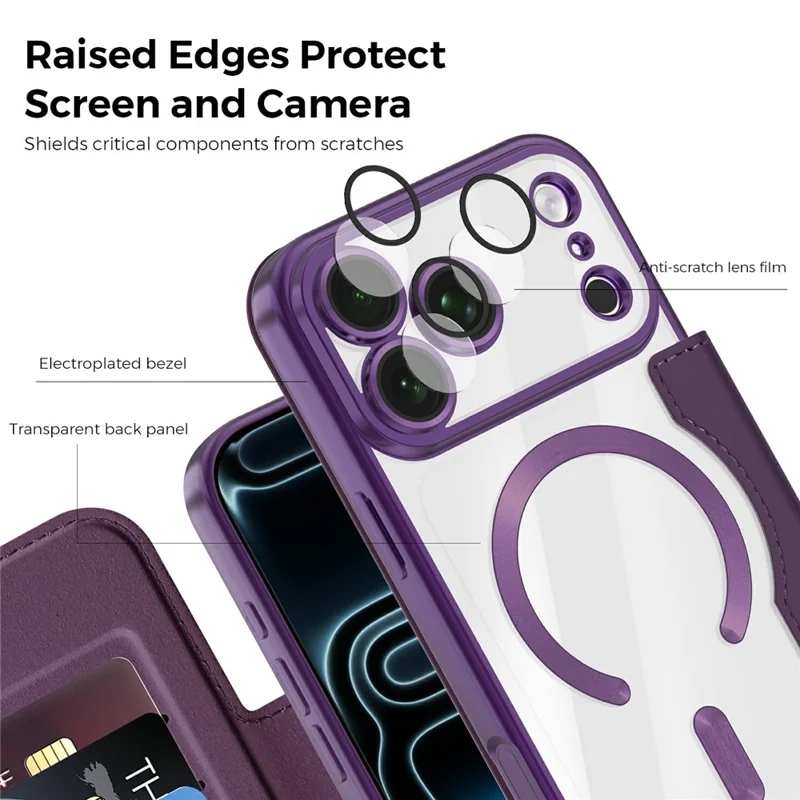For iPhone 18 Pro Magnetic Case RFID Blocking Card Holder Leather Phone Cover with Lens Film - Dark Purple